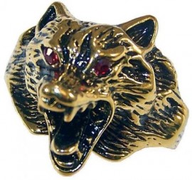 18K GOLD EP CZ RUBY WOLF MENS DRESS RING