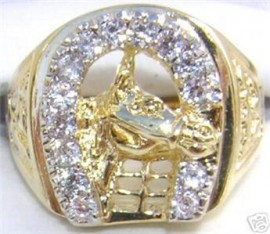 18K GOLD CZ ROUND CUT MENS LUCKY HORSE RING