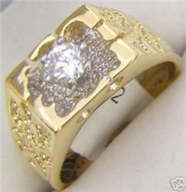 18K GOLD EP CZ ROUND CUT MENS NUGGET SOLITAIRE RING