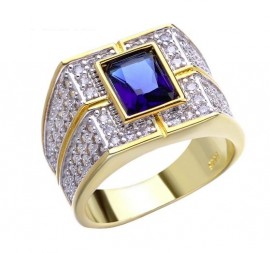 18K GOLD EP DIAMOND SIMULATED MENS SAPPHIRE CZ RING