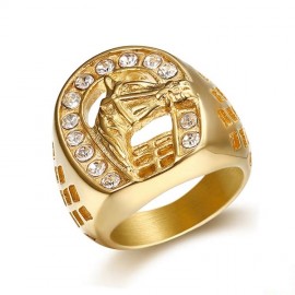 18K GOLD EP CZ ROUND CUT MENS LUCKY HORSE SHOE RING 