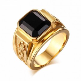 18K GOLD EP BLACK CZ EMERALD CUT MENS DRESS RING