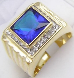 18K GOLD EP 9.0CT CZ SAPPHIRE MENS DRESS RING