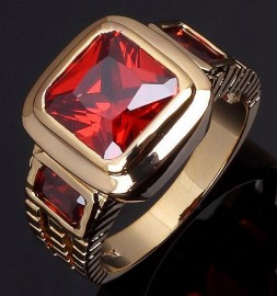 18K GOLD EP 2.5CT GARNET EMERALD CUT MENS RING